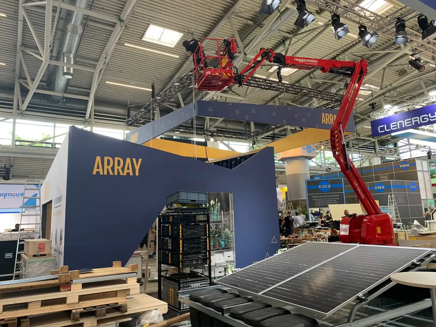 Behind the scenes construction of Array Technologies' exhibition stand by Booth Exhibits™ at Intersolar 2024 in Munich. 