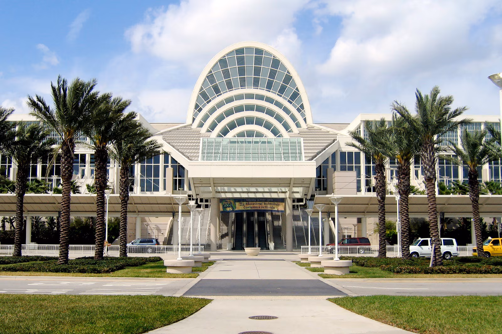 Premier orange county convention center exterior – iconic arched glass façade...