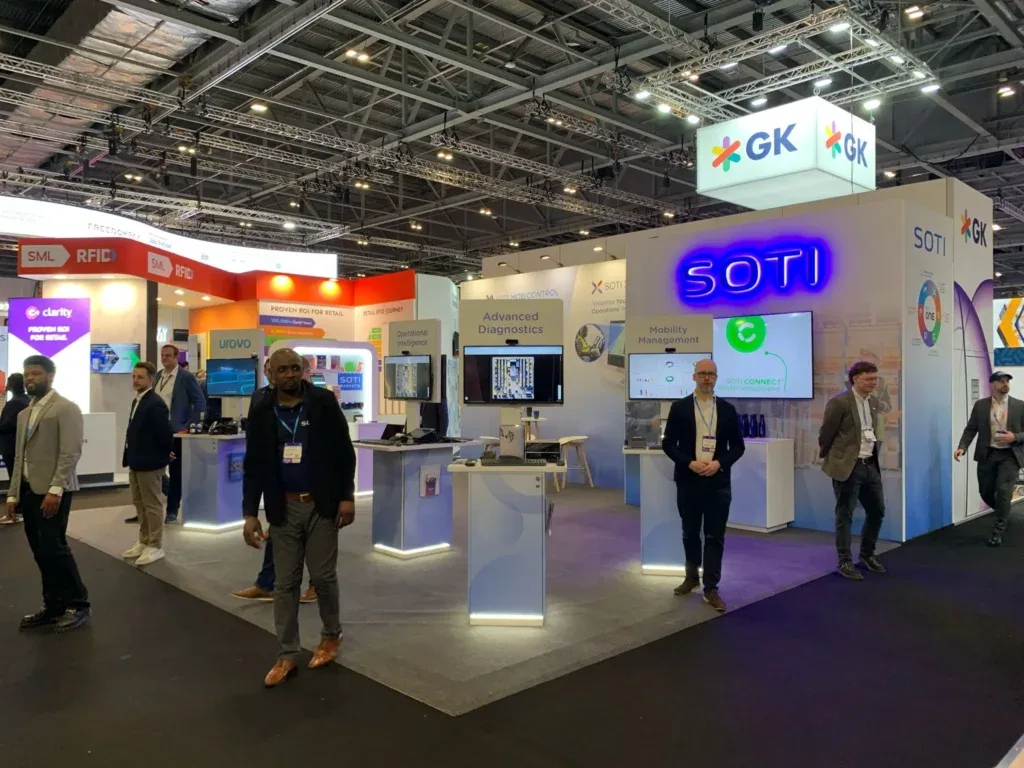 Booth Exhibits™ Peninsula exhibition booth for SOTI at the Retail Technology Show in London. 