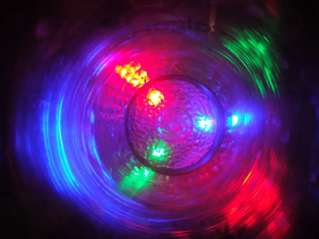 Closeup of an LED showing red, green, and blue lights.