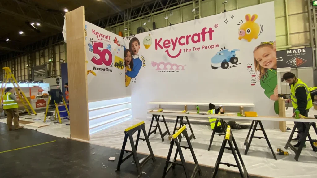 Assembly of KeyCraft's exhibition stand at Spring Fair. 