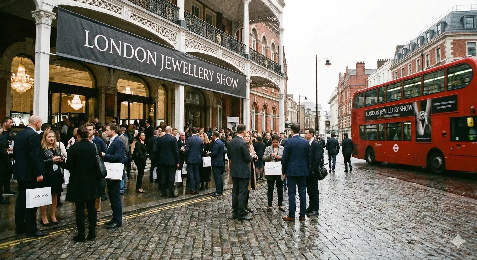 Crowd outside London Jewellery Show event.