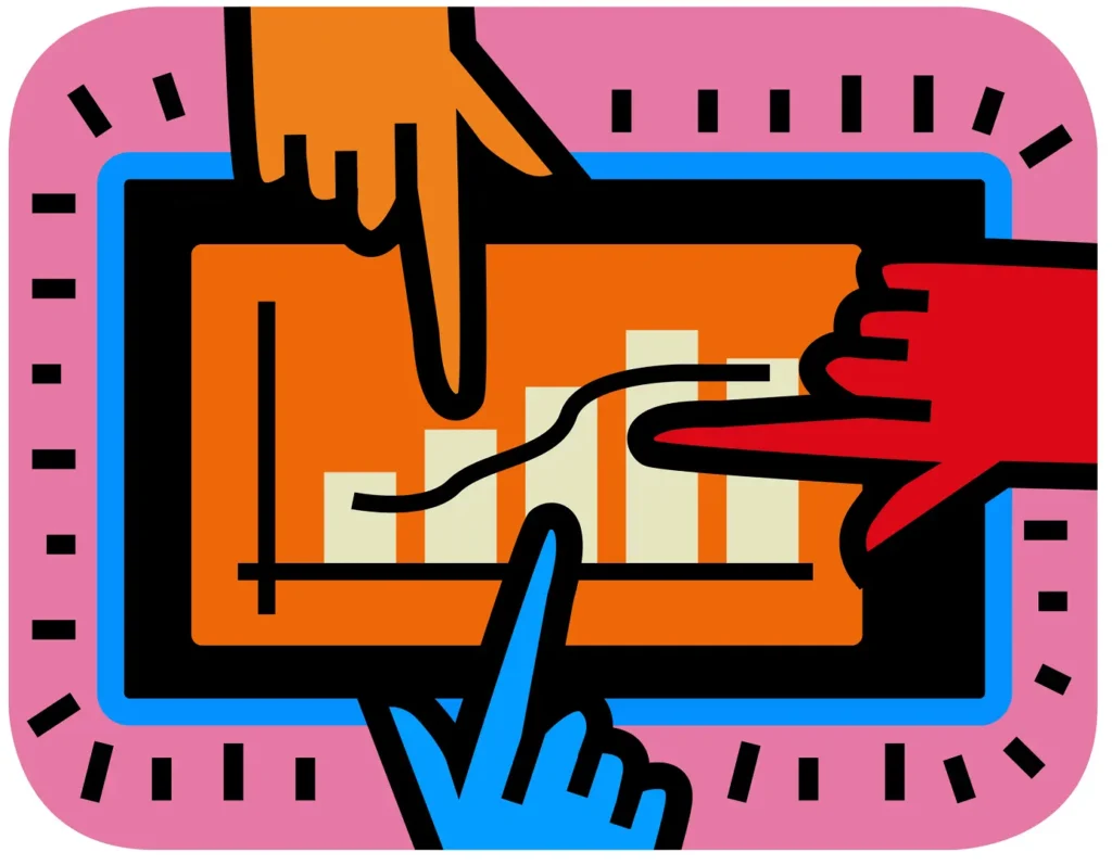 Four cartoon hands point toward a chart showing growth. 