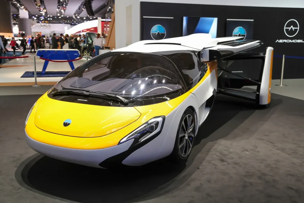One of AeroMobil's flying passenger car prototypes on display at a trade show. 
