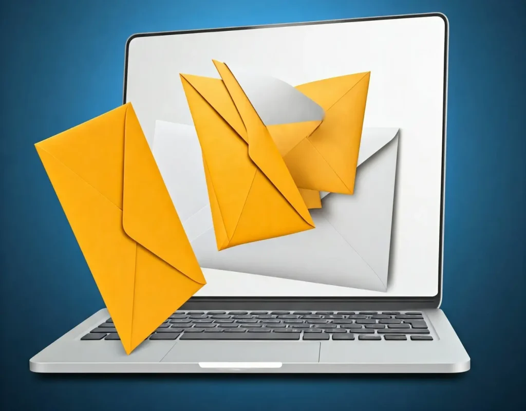 A laptop with envelopes, representing emails, emerging out of the screen.