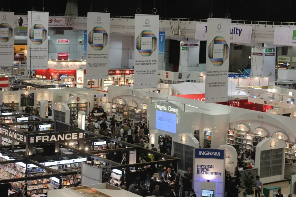 The busy exhibition hall of the London Book Fair.