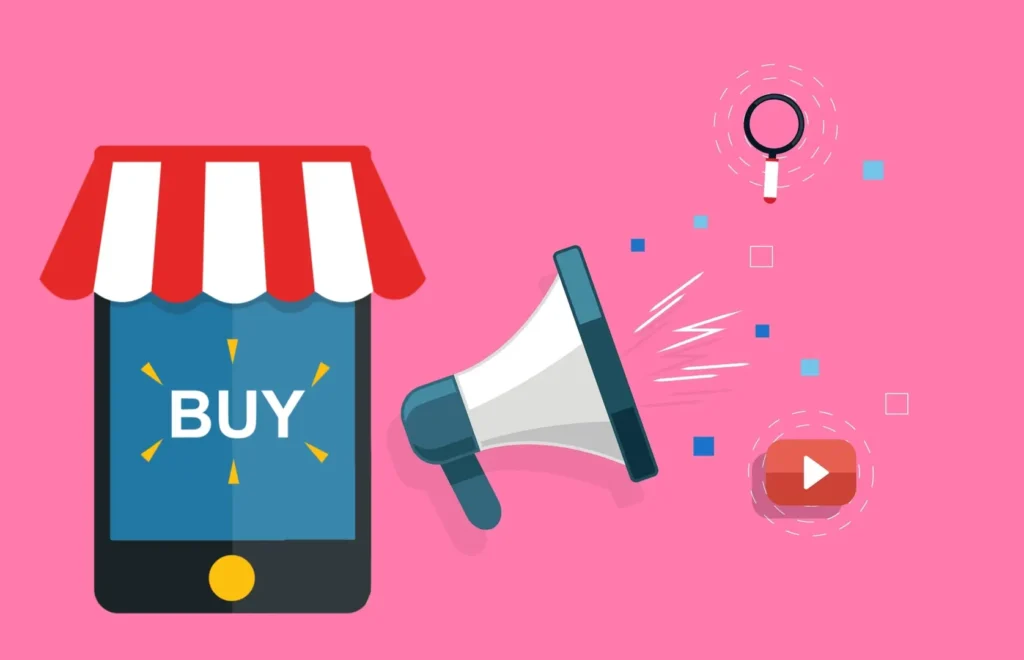A cartoon graphic of a megaphone next to a phone with the word "buy" on the screen.