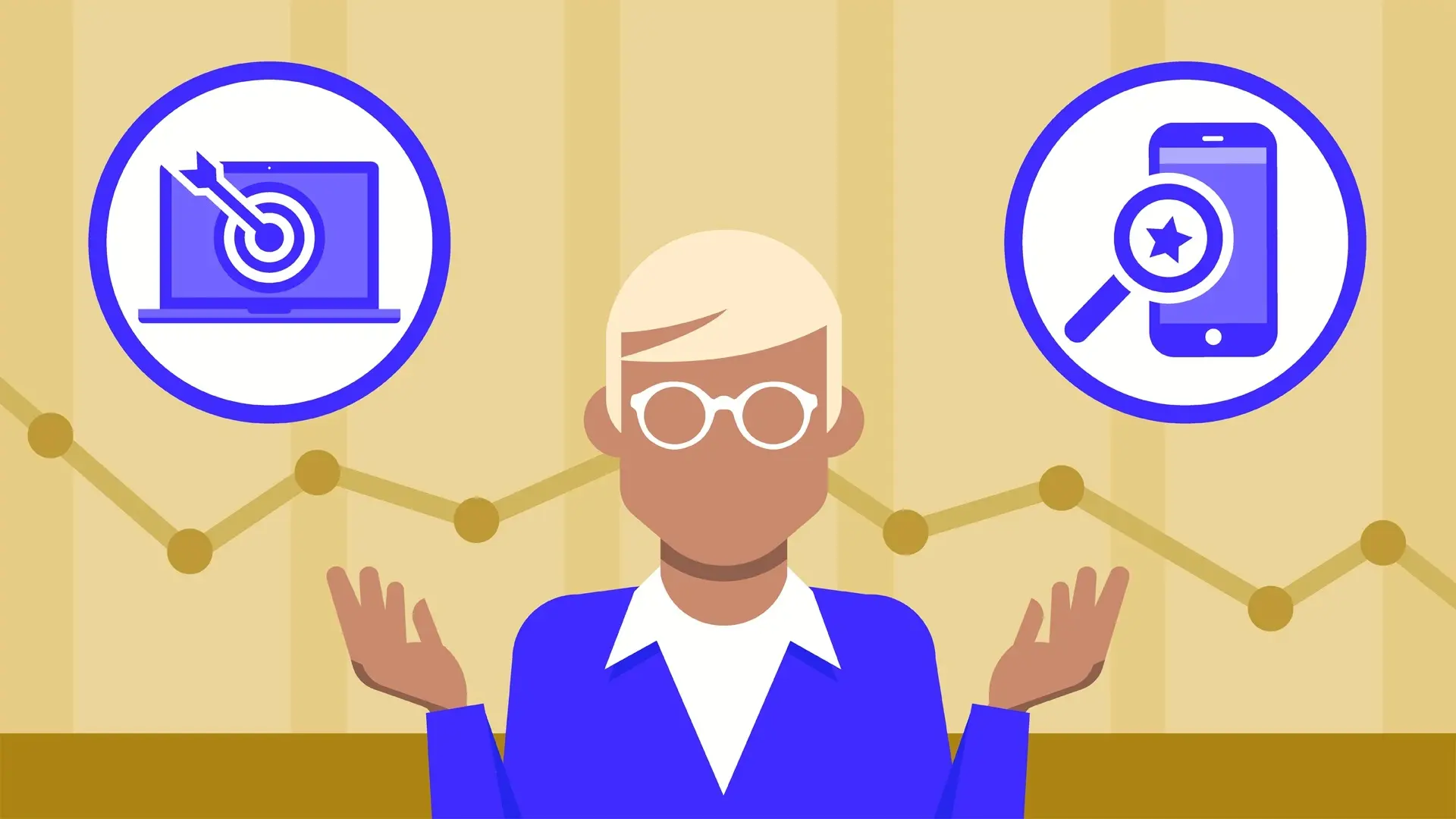 Outstanding a cartoon of a man with glasses gesturing to a computer and cellphone.