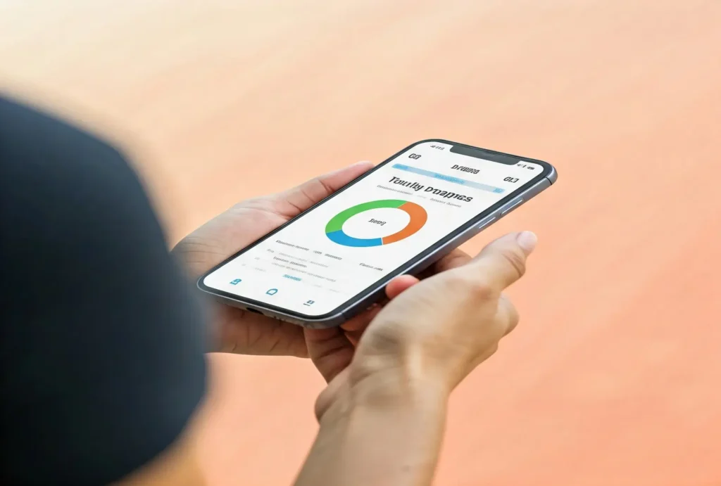 A person examines a progress-tracking app on their phone. 