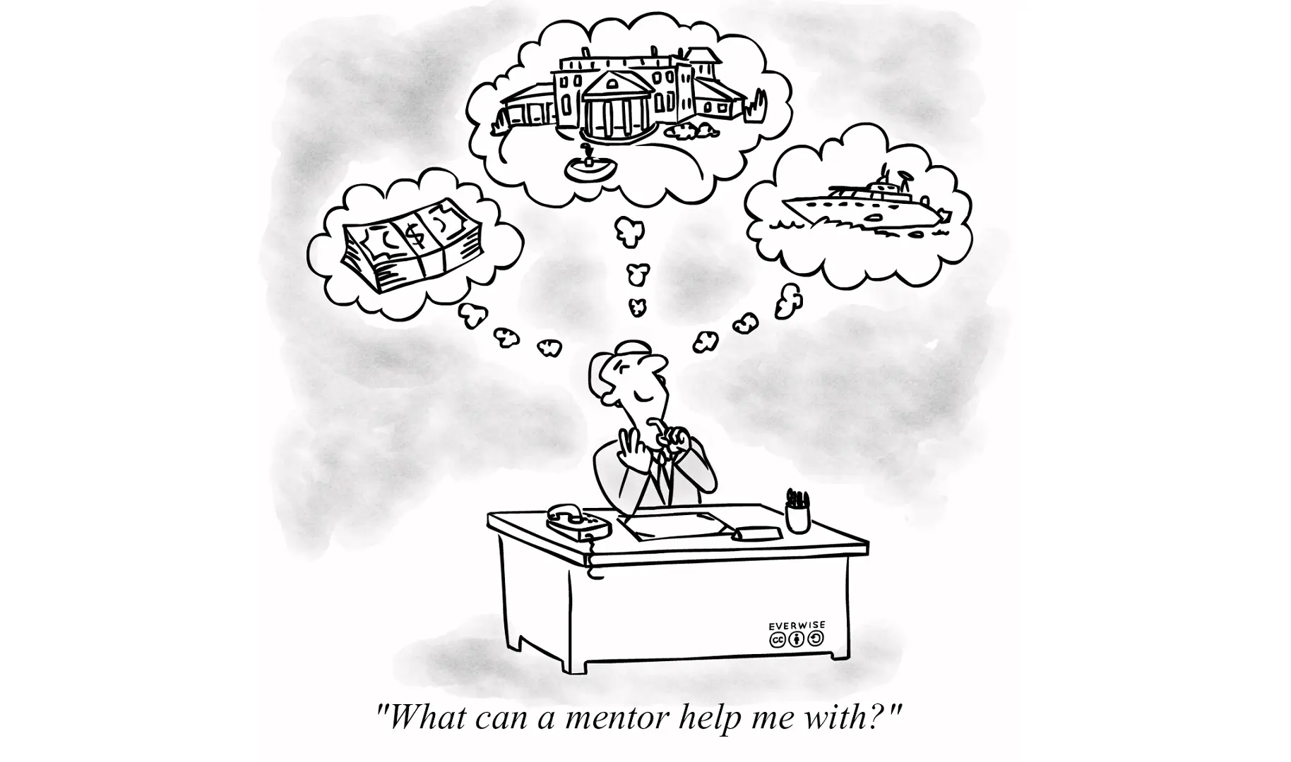 Premier cartoon of a man at his desk dreaming of money, a mansion, and a boat.