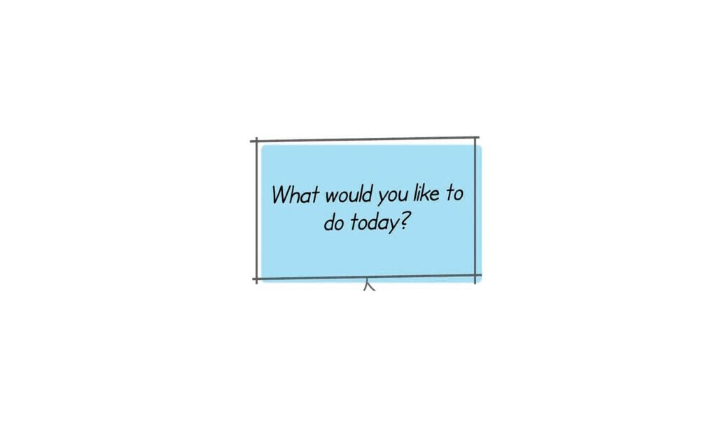 A blue sign asking "what would you like to do today?"