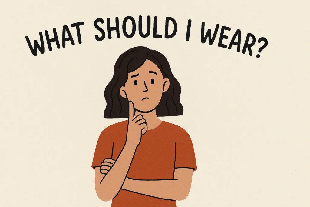 Deciding what to wear to a trade show – illustration of professional attire choice