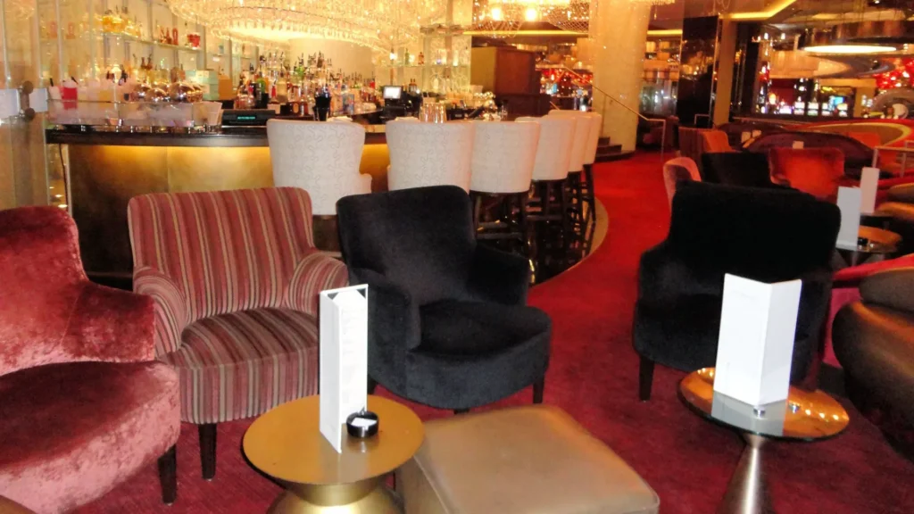A fancy hotel lounge and bar.