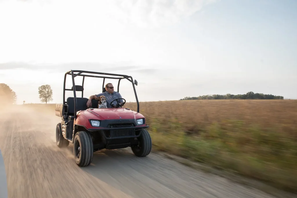 A man and his dog riding a UTV.