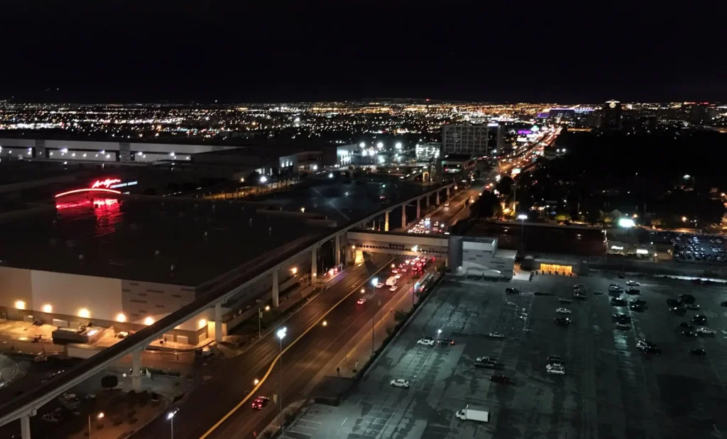 Las Vegas Convention Center viewed from a hotel at night.