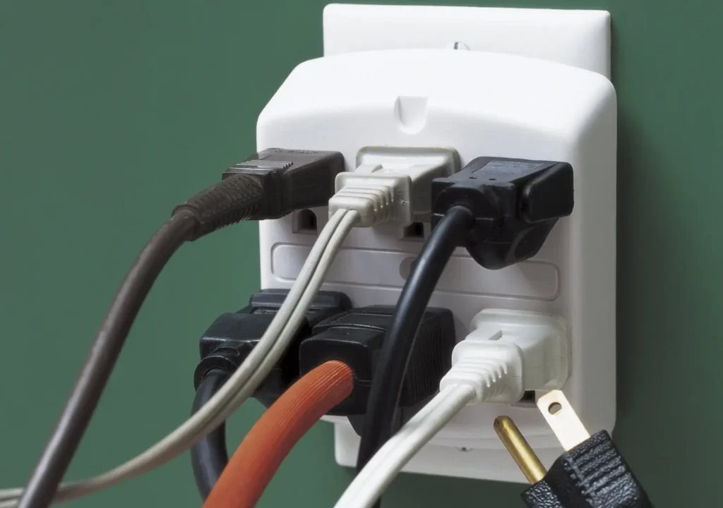 An overloaded electrical wall socket. 