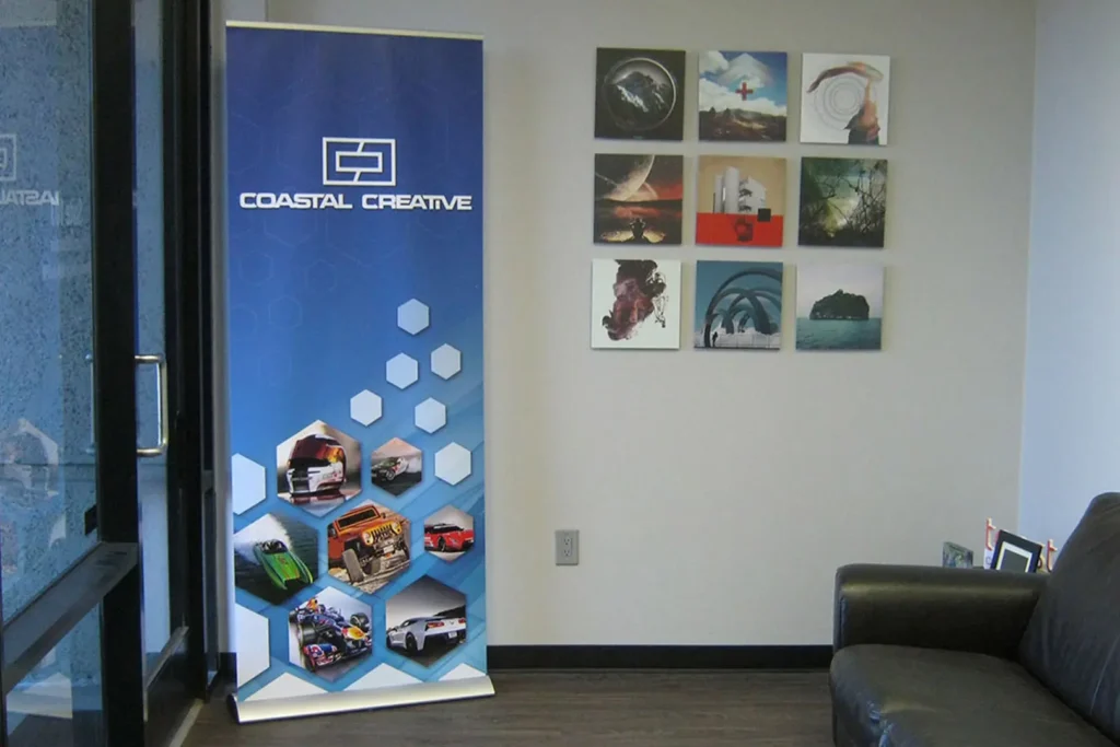 Retractable trade show banner in an office.