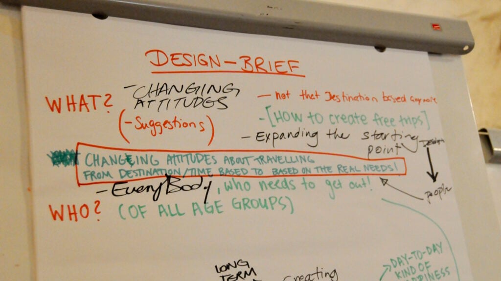 Whiteboard with design brief notes.