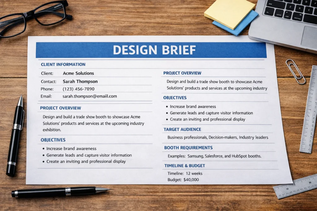 An example of a complete trade show design brief on a desk.