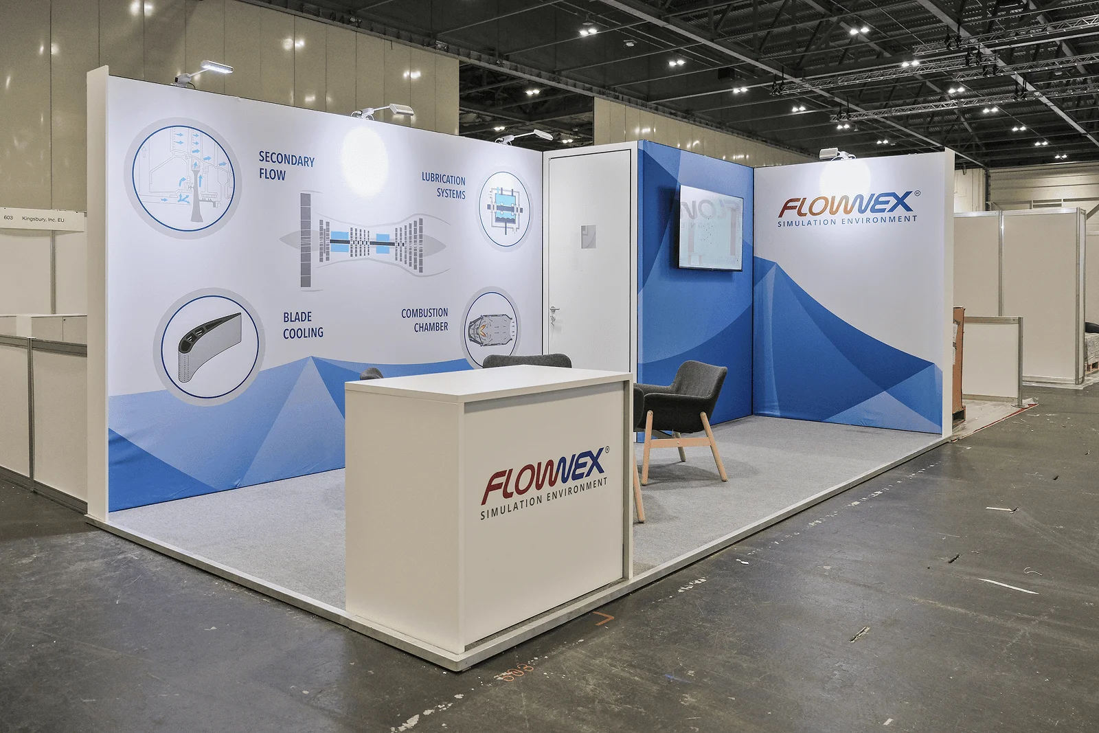 Flownex Simulation exhibition stand builders UK blue white shell-scheme design