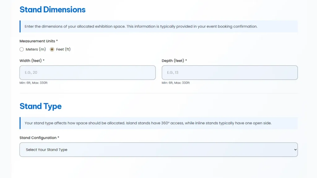 Screenshot of the first page of the Booth Exhibits™ stand dimensions calculator. 