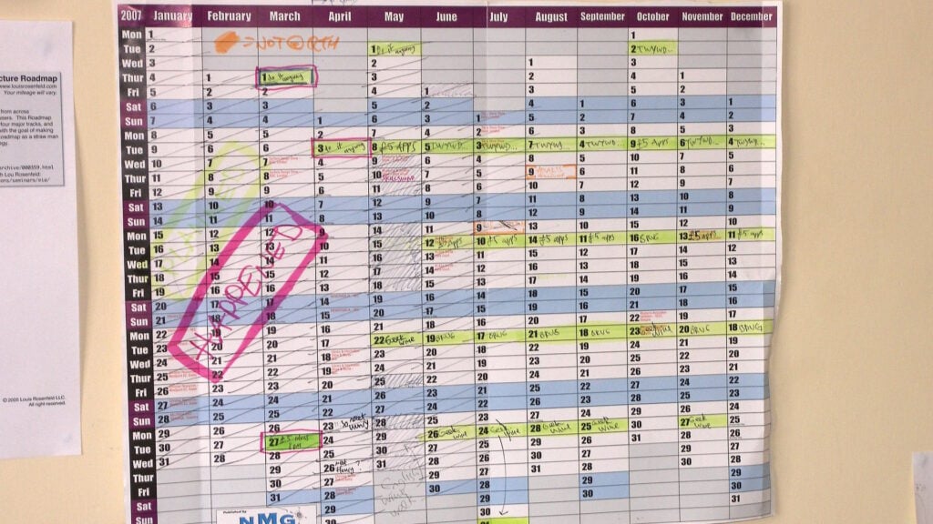 A busy office calendar with notes and highlights.