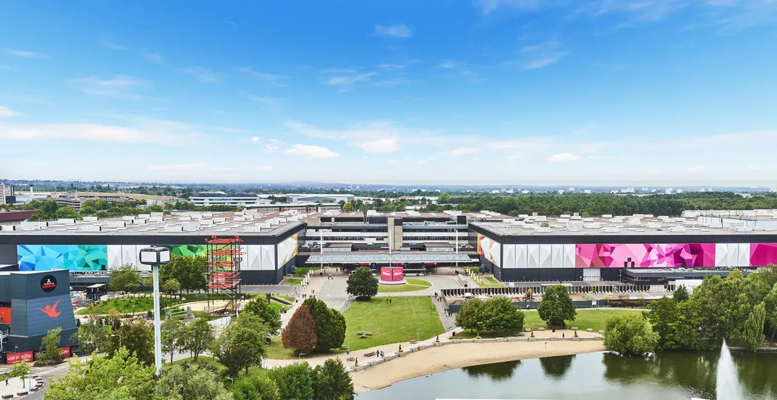 Aerial view of the NEC Birmingham exhibition centre showing the main hall complex and surrounding grounds