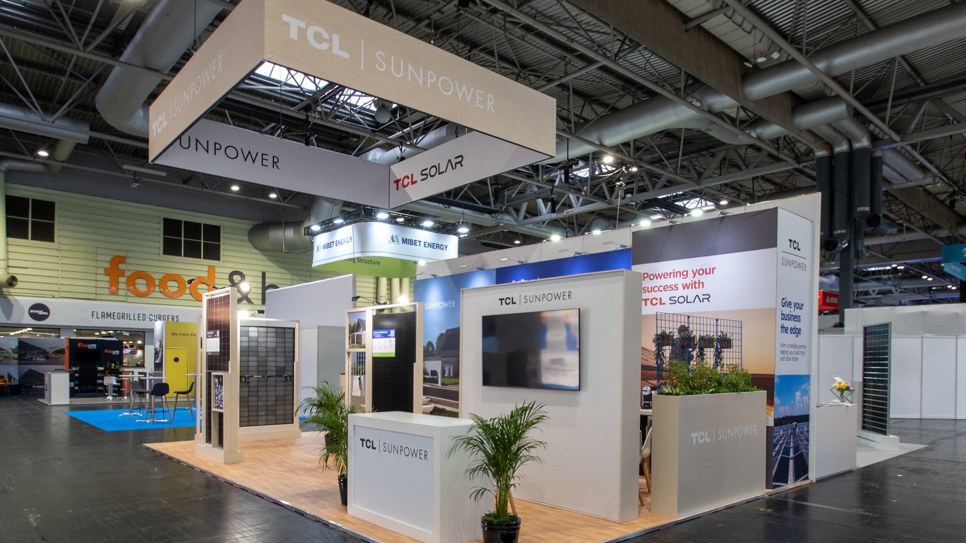 Bespoke exhibition stand designed and built by Booth Exhibits for TCL SunPower™.