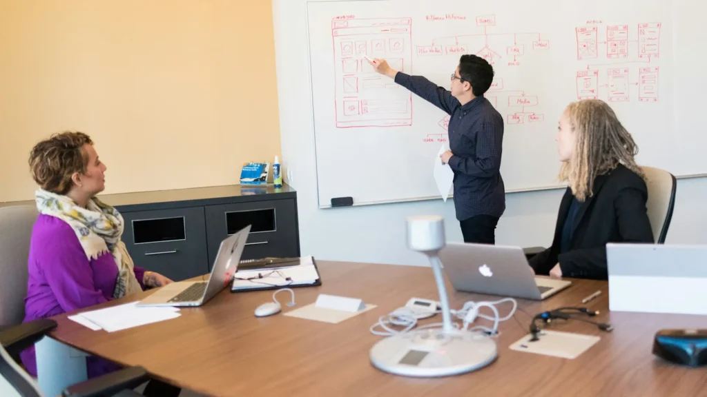 Team discussing ideas on a whiteboard.