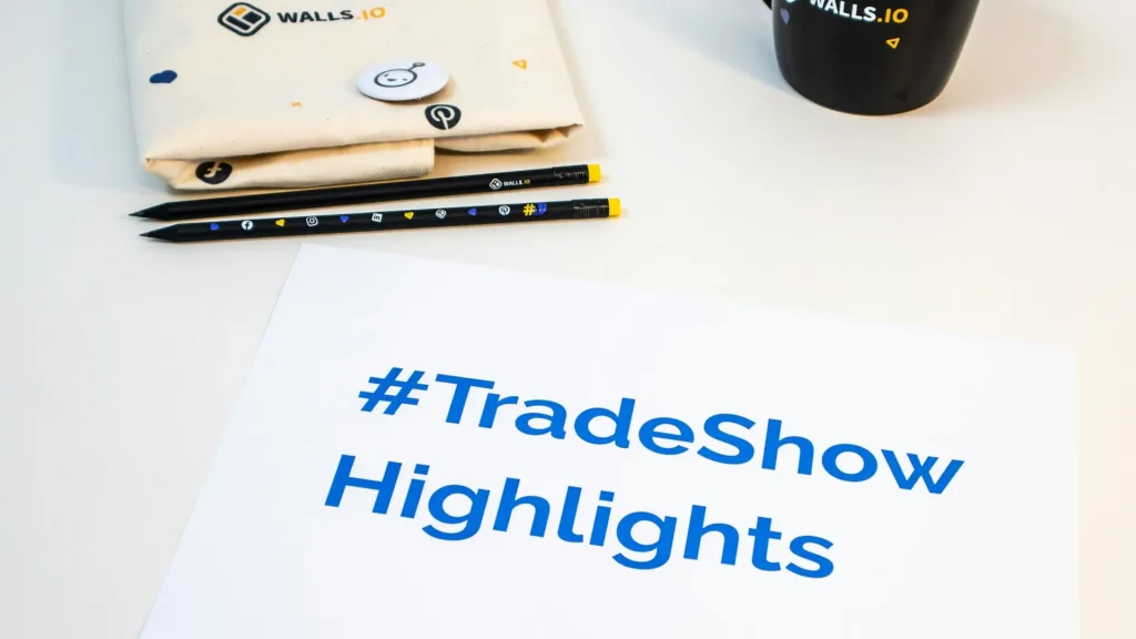 Trade show marketing materials and branding elements.