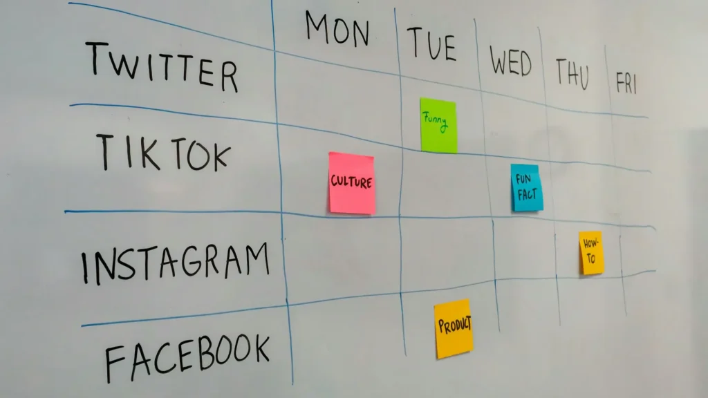 Social media content schedule on an erase board.