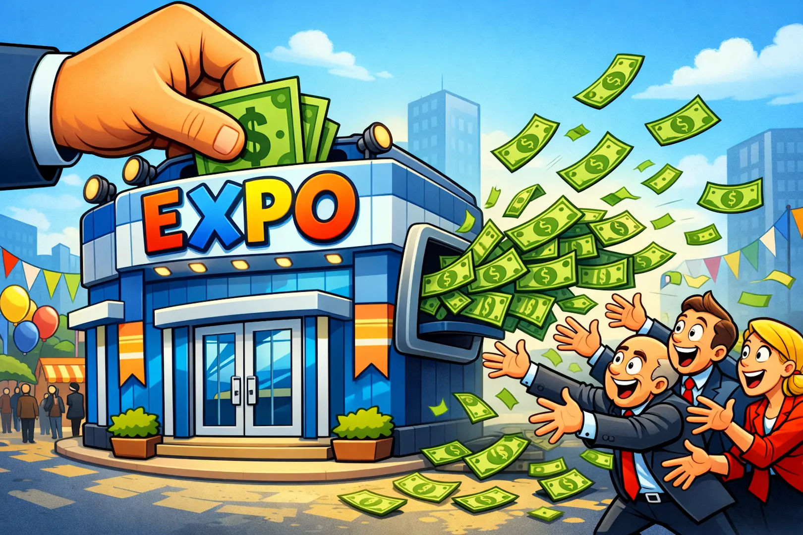A cartoon showing a hand putting money into an expo and more money coming out that businesspeople are grabbing.