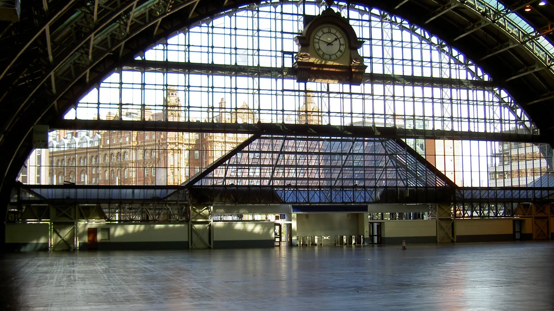 Interior of Manchester Central Exhibition Centre showing the exhibition floor. 