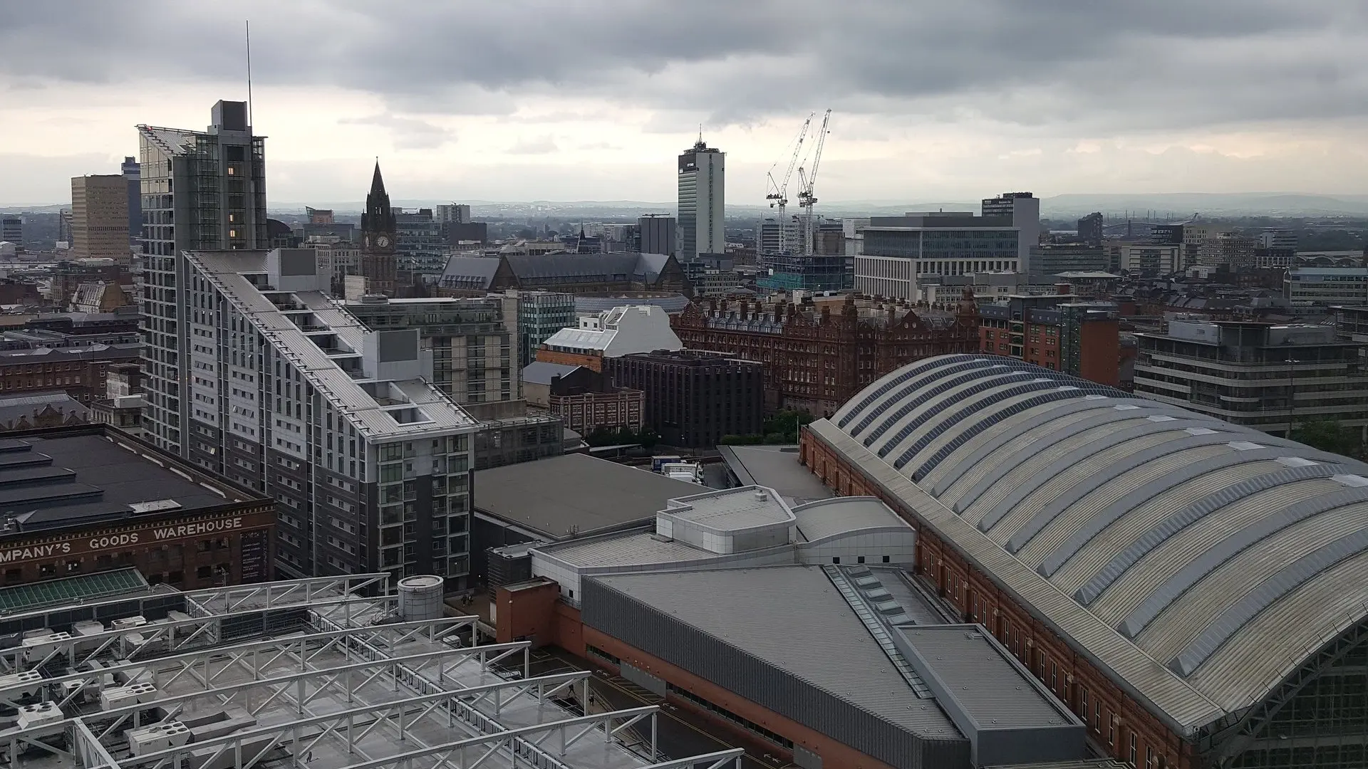Aerial view of Manchester Central Exhibition Centre and the city itself. 