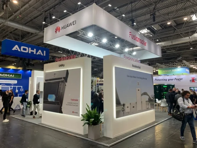 Huawei FusionSolar expo stand designed for their UK relaunch, combining product display with a clean, practical layout.