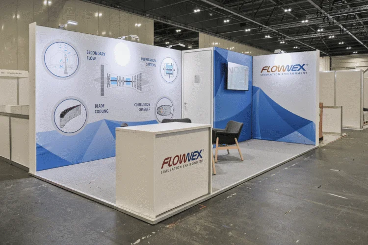 Flownex Simulation trade show booth with blue white technical graphics